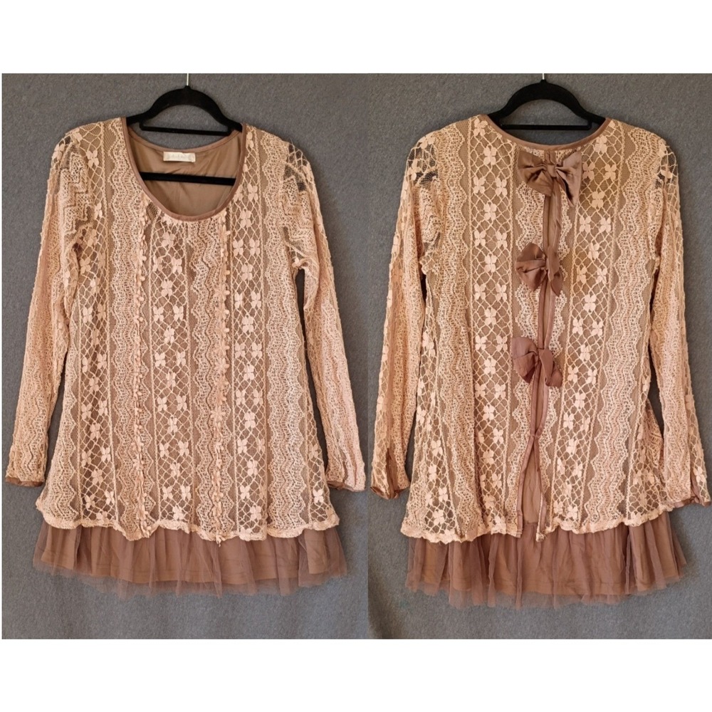 Altar'd State Lace Tunic Top Brown Tan Boho Bow Tulle Hem M Coquette Grunge